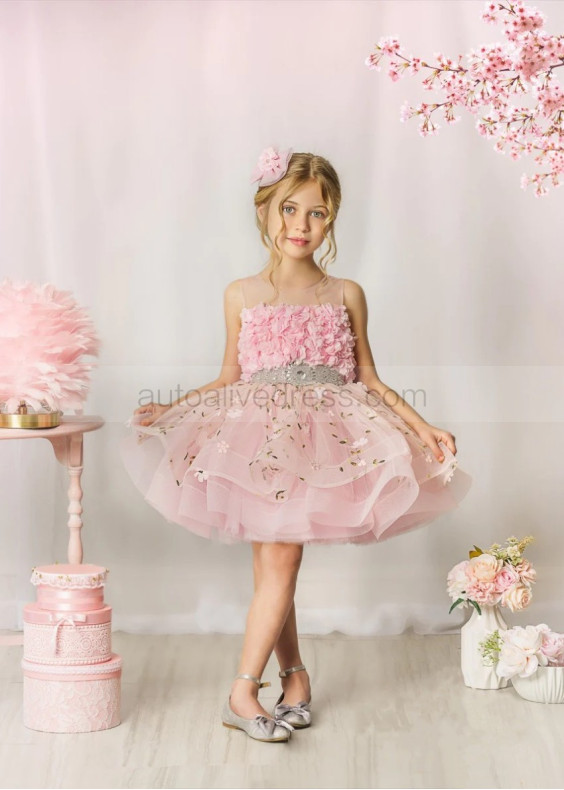 Pink Flowers Embroidered Organza Keyhole Back Flower Girl Dress